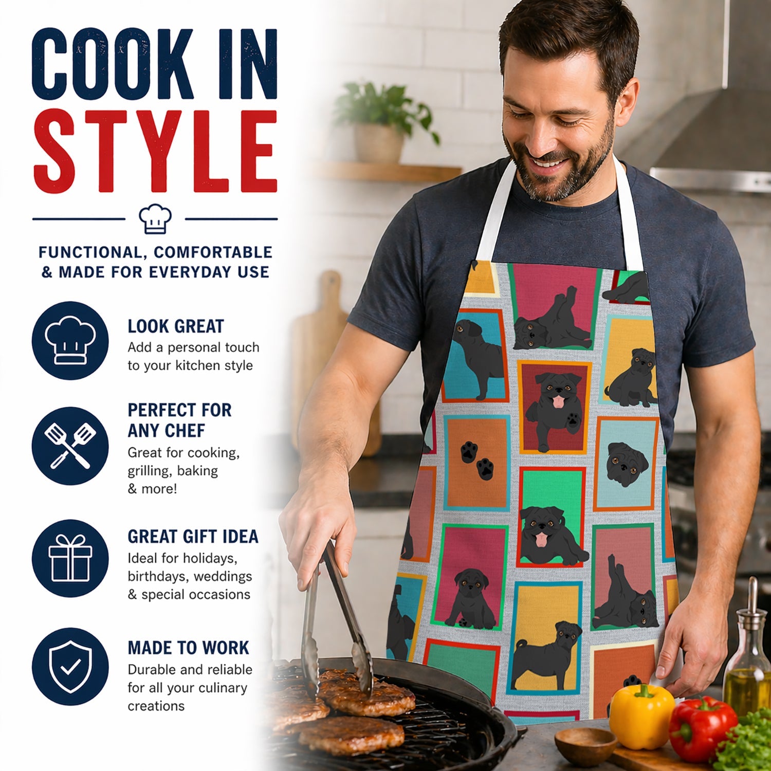 Lots of Black Pug Apron Cooking Kitchen Server Baking Crafts Gardening for Adult Women Men, Unisex, Large, Multicolor