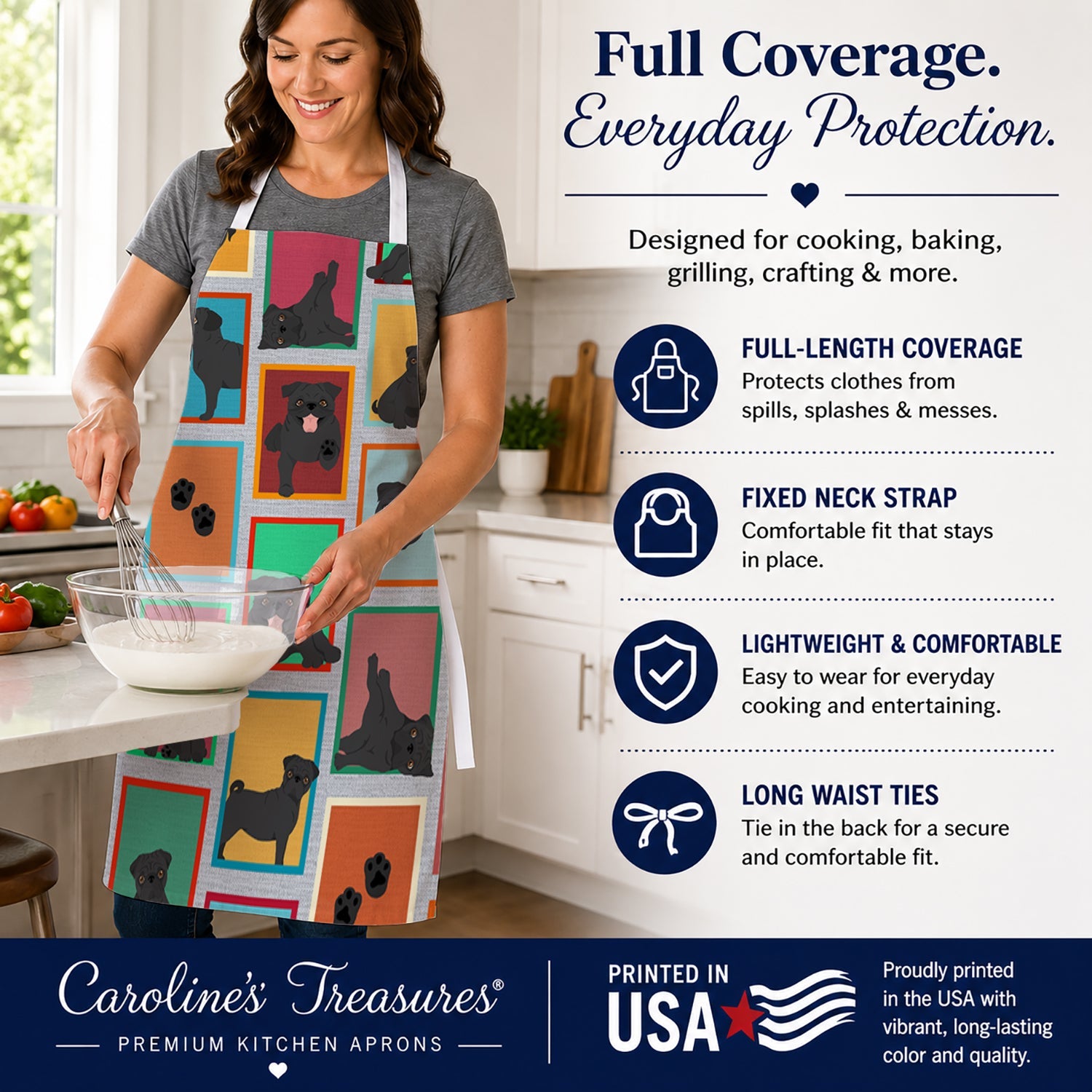 Lots of Black Pug Apron Cooking Kitchen Server Baking Crafts Gardening for Adult Women Men, Unisex, Large, Multicolor