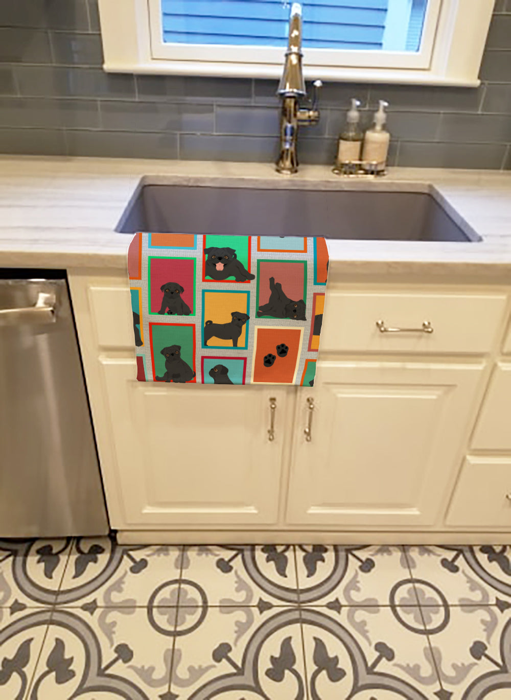 Lots of Black Pug Kitchen Towel Velour Plush Front and Cotton Loop Back Machine Washable
