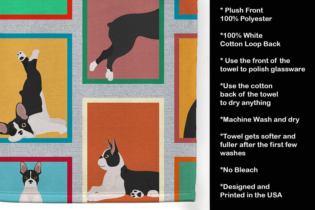 Lots of Boston Terrier Kitchen Towel Velour Plush Front and Cotton Loop Back Machine Washable
