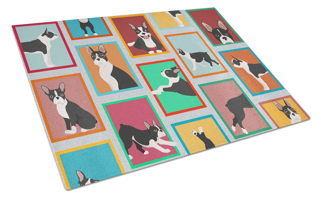 Lots of Boston Terrier Cutting Board Tempered Glass Kitchen Cutting Surface, Heat Resistant Chopping, Non-Slip Feet, Food Prep & Serving