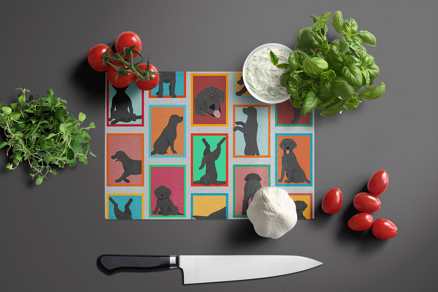 Lots of Black Labrador Retriever Cutting Board Tempered Glass Kitchen Cutting Surface, Heat Resistant Chopping, Non-Slip Feet, Food Prep & Serving