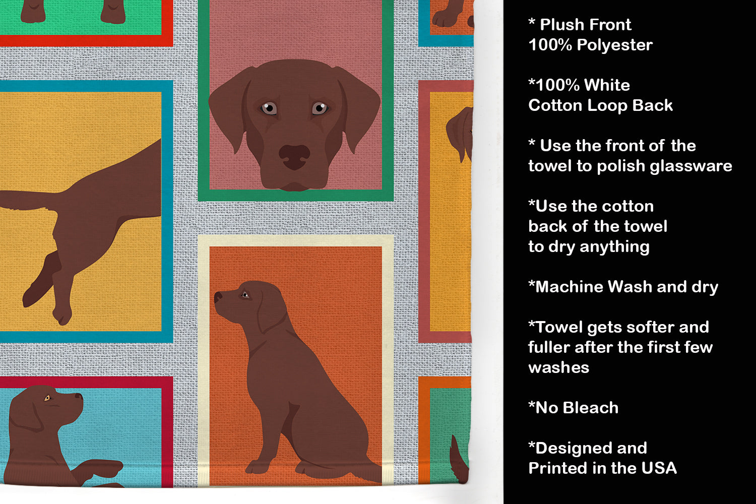 Lots of Chocolate Labrador Retriever Kitchen Towel Velour Plush Front and Cotton Loop Back Machine Washable