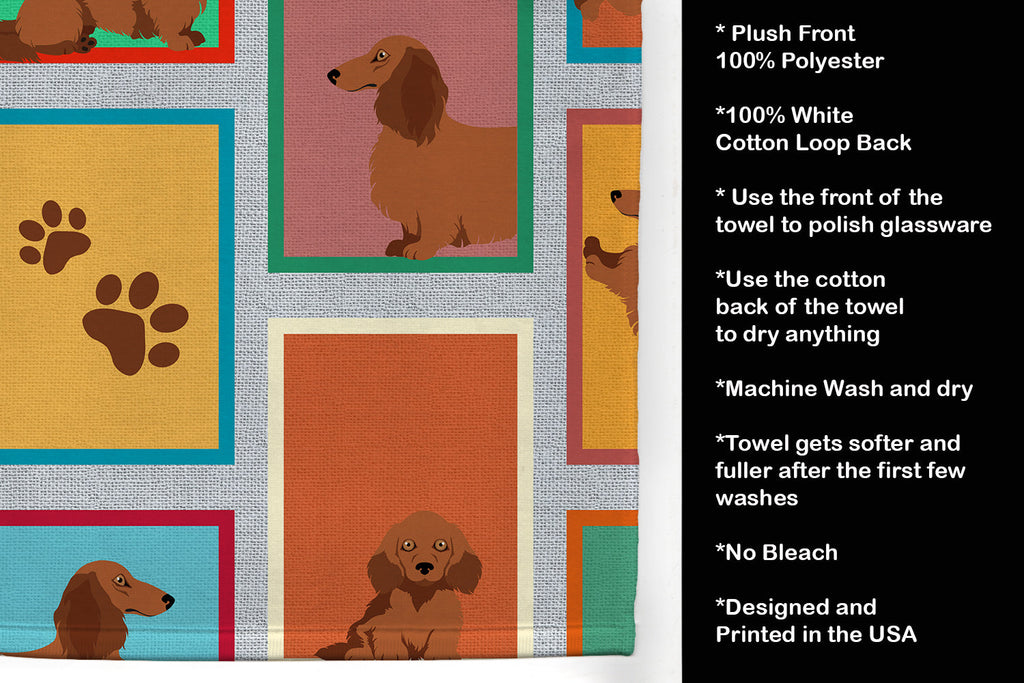 Lots of Longhaired Red Dachshund Kitchen Towel Velour Plush Front and Cotton Loop Back Machine Washable