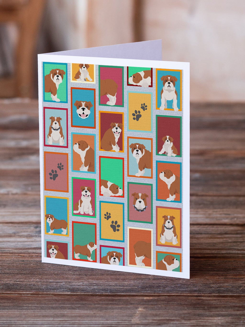 Lots of Red and White English Bulldog Greeting Cards Pack of 8 Blank Cards with Envelopes Whimsical A7 Size 5x7