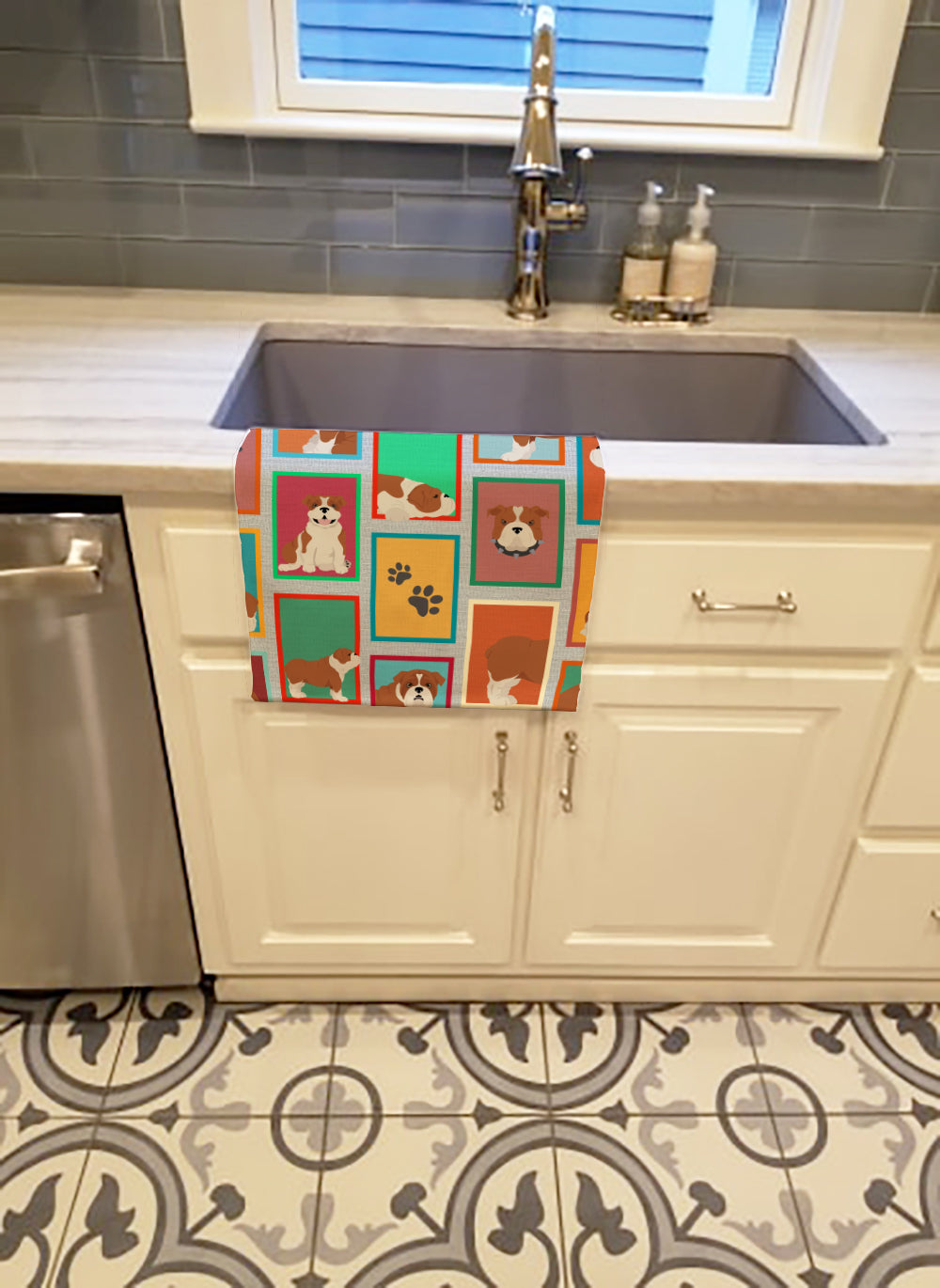 Lots of Red and White English Bulldog Kitchen Towel Velour Plush Front and Cotton Loop Back Machine Washable