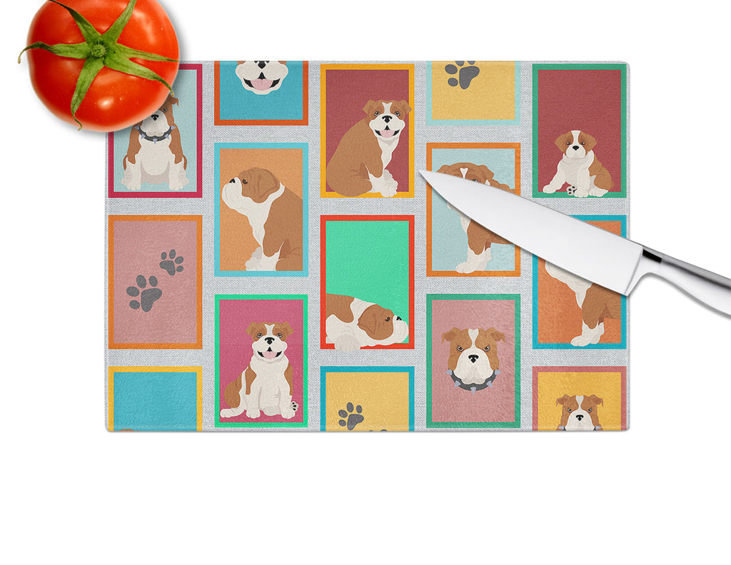 Lots of Red and White English Bulldog Cutting Board Tempered Glass Kitchen Cutting Surface, Heat Resistant Chopping, Non-Slip Feet, Food Prep & Serving