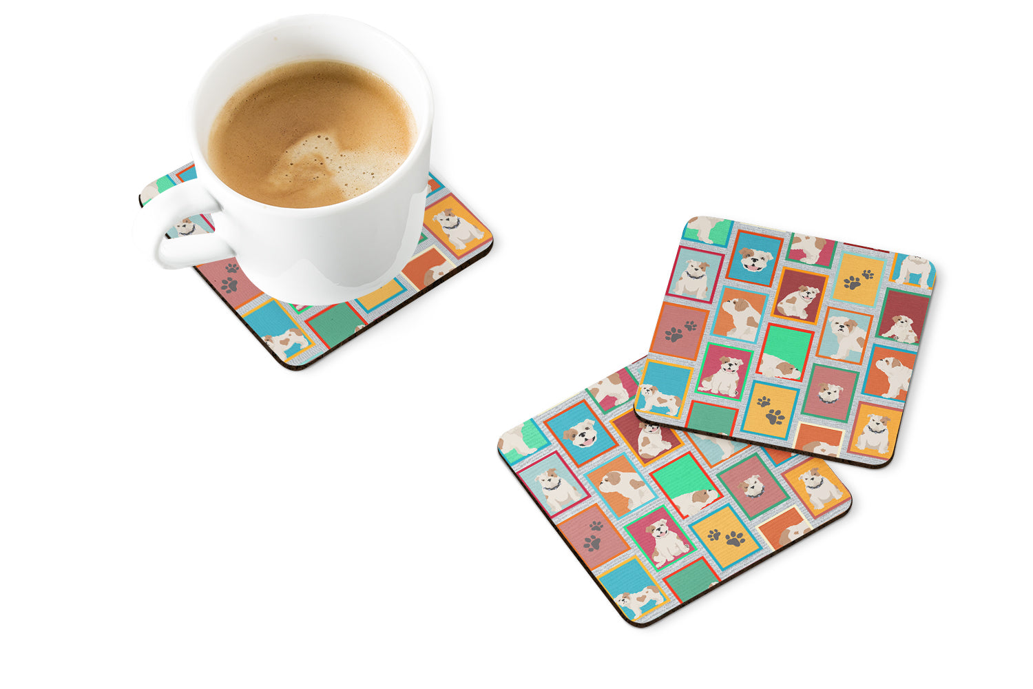 Lots of Piebald English Bulldog Foam Coasters Set of 4 Cup Coasters for Indoor Outdoor, Tabletop Protection, Anti Slip, Mouse pad Material