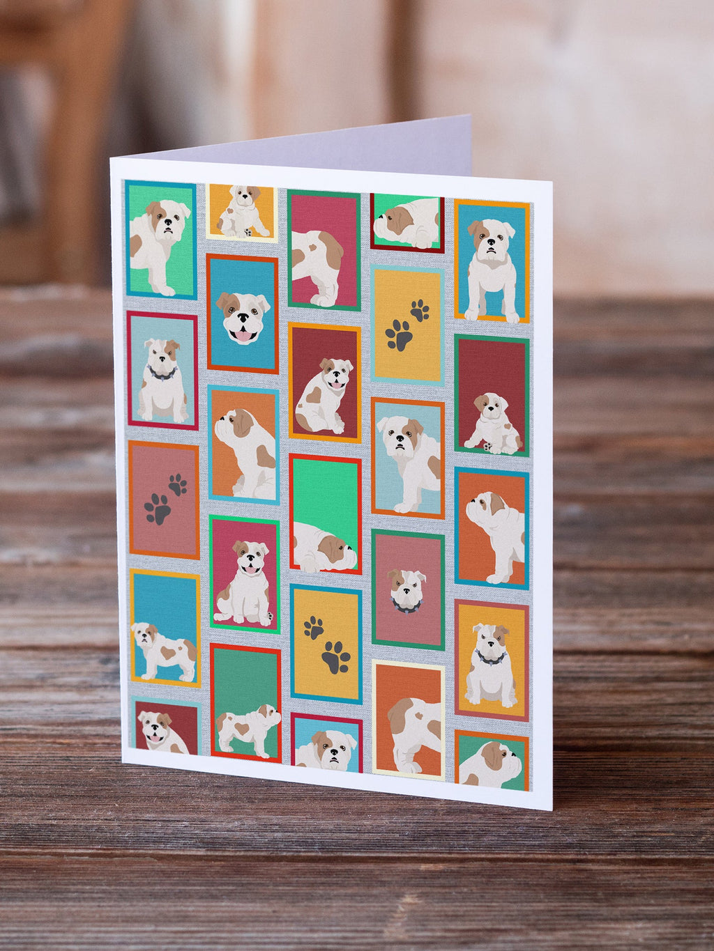 Lots of Piebald English Bulldog Greeting Cards Pack of 8 Blank Cards with Envelopes Whimsical A7 Size 5x7