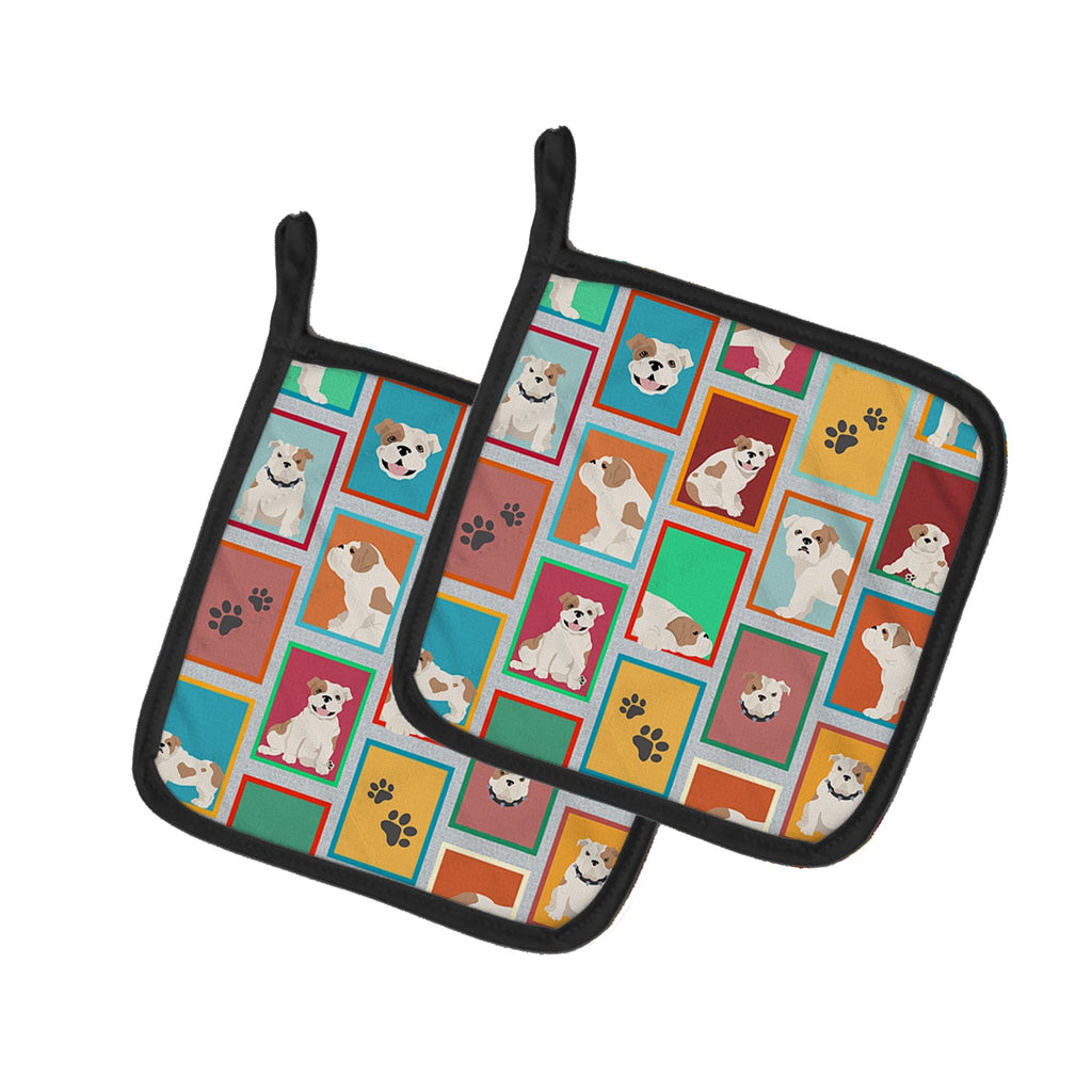 Lots of Piebald English Bulldog Pot Holder Set of 2 Heat Resistant Quilted Hot Pads 7.5 x 7.5 Inch, Insulated Kitchen Trivets for Cooking & Baking