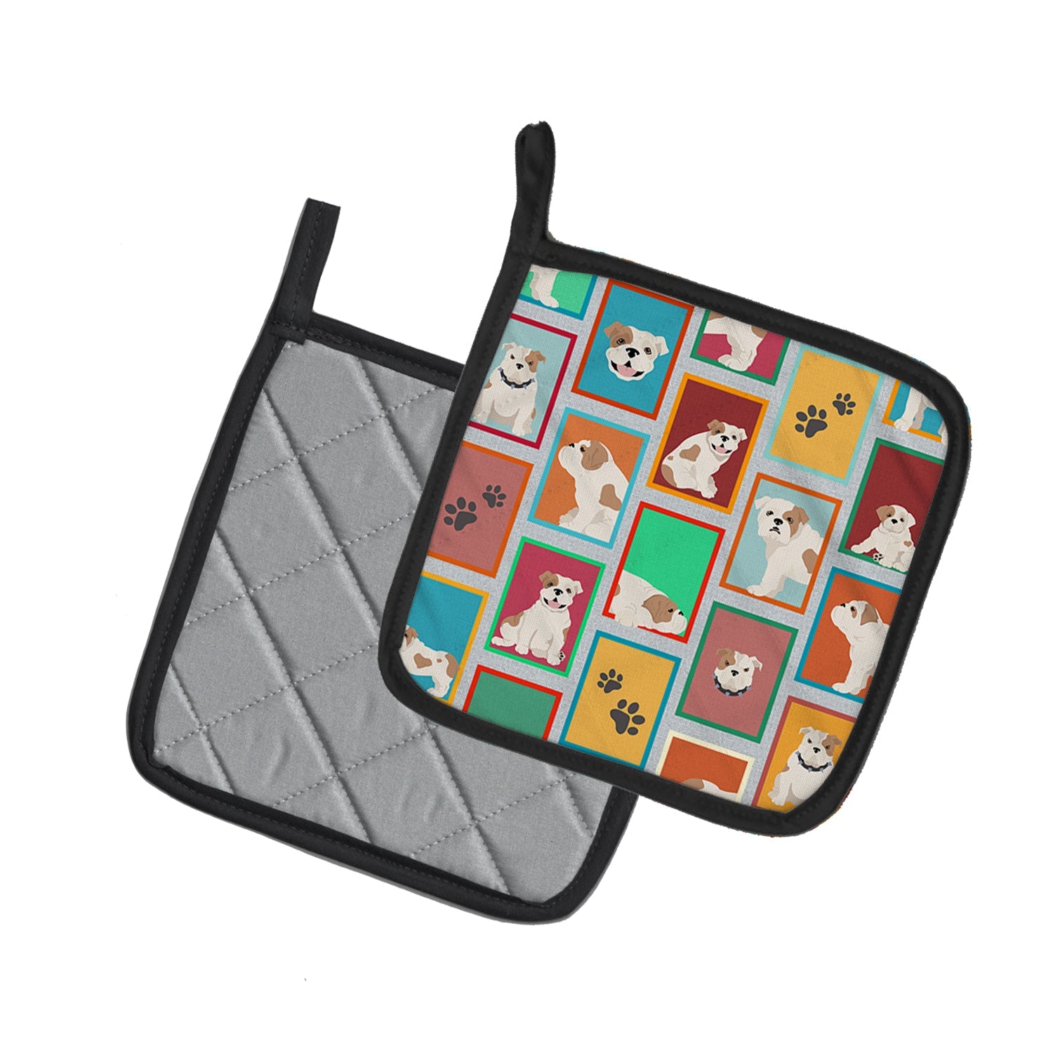 Lots of Piebald English Bulldog Pot Holder Set of 2 Heat Resistant Quilted Hot Pads 7.5 x 7.5 Inch, Insulated Kitchen Trivets for Cooking & Baking