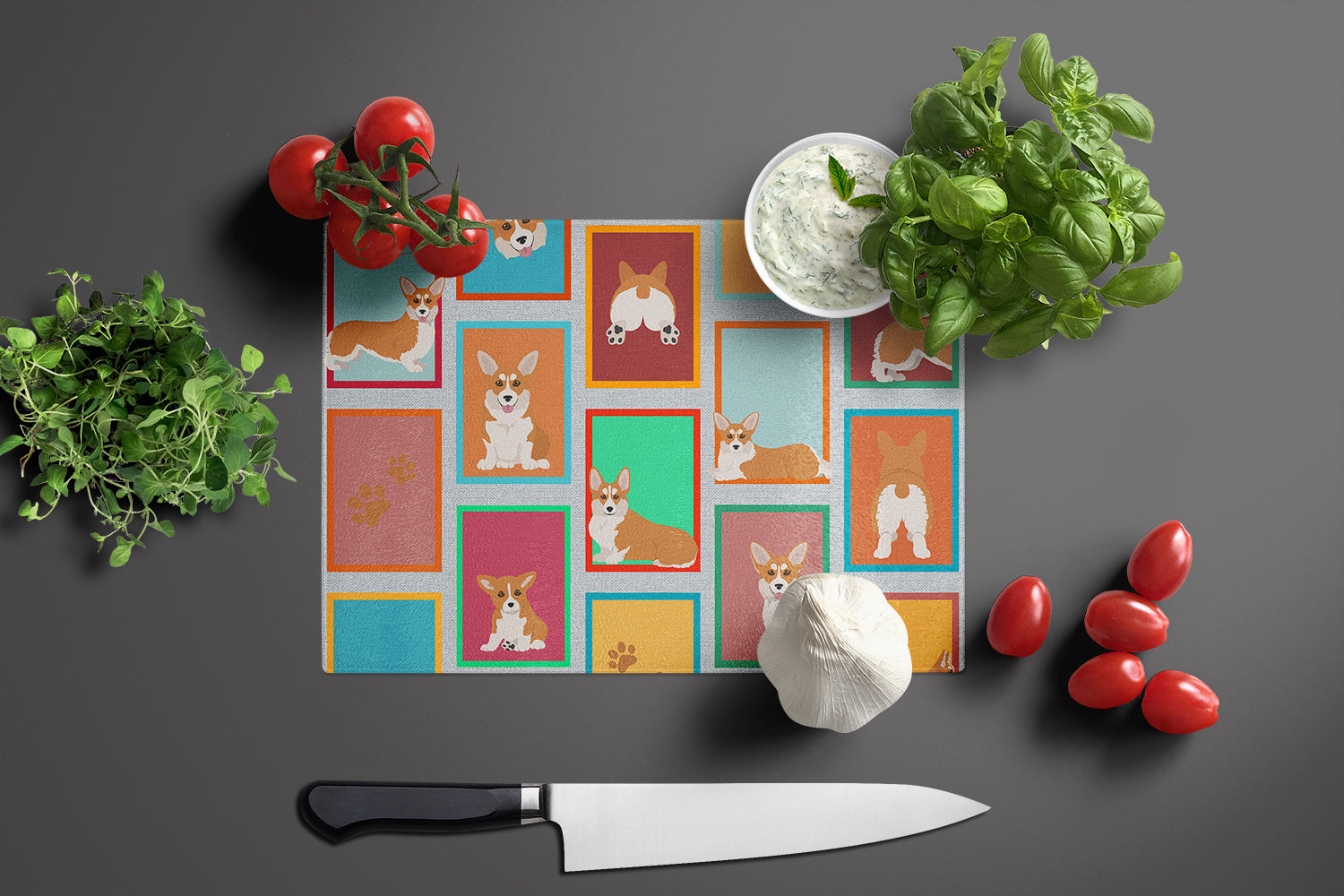 Lots of Red and White Pembroke Corgi Cutting Board Tempered Glass Kitchen Cutting Surface, Heat Resistant Chopping, Non-Slip Feet, Food Prep & Serving