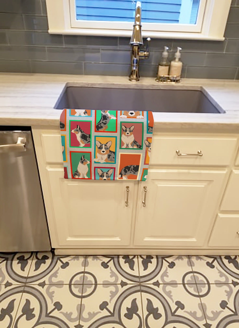 Lots of Blue Merle Welsh Cardigan Corgi Kitchen Towel Velour Plush Front and Cotton Loop Back Machine Washable