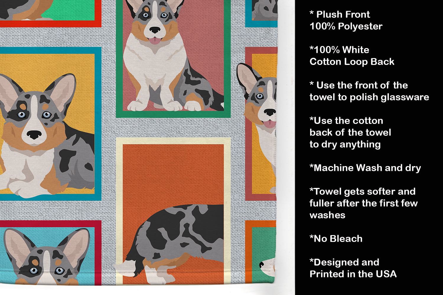 Lots of Blue Merle Welsh Cardigan Corgi Kitchen Towel Velour Plush Front and Cotton Loop Back Machine Washable