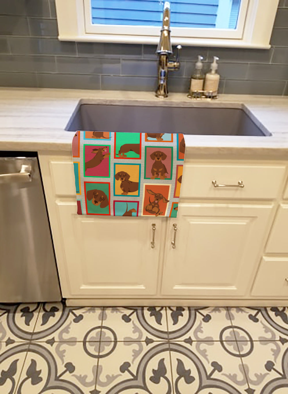 Lots of Chocolate and Tan Dachshund Kitchen Towel Velour Plush Front and Cotton Loop Back Machine Washable