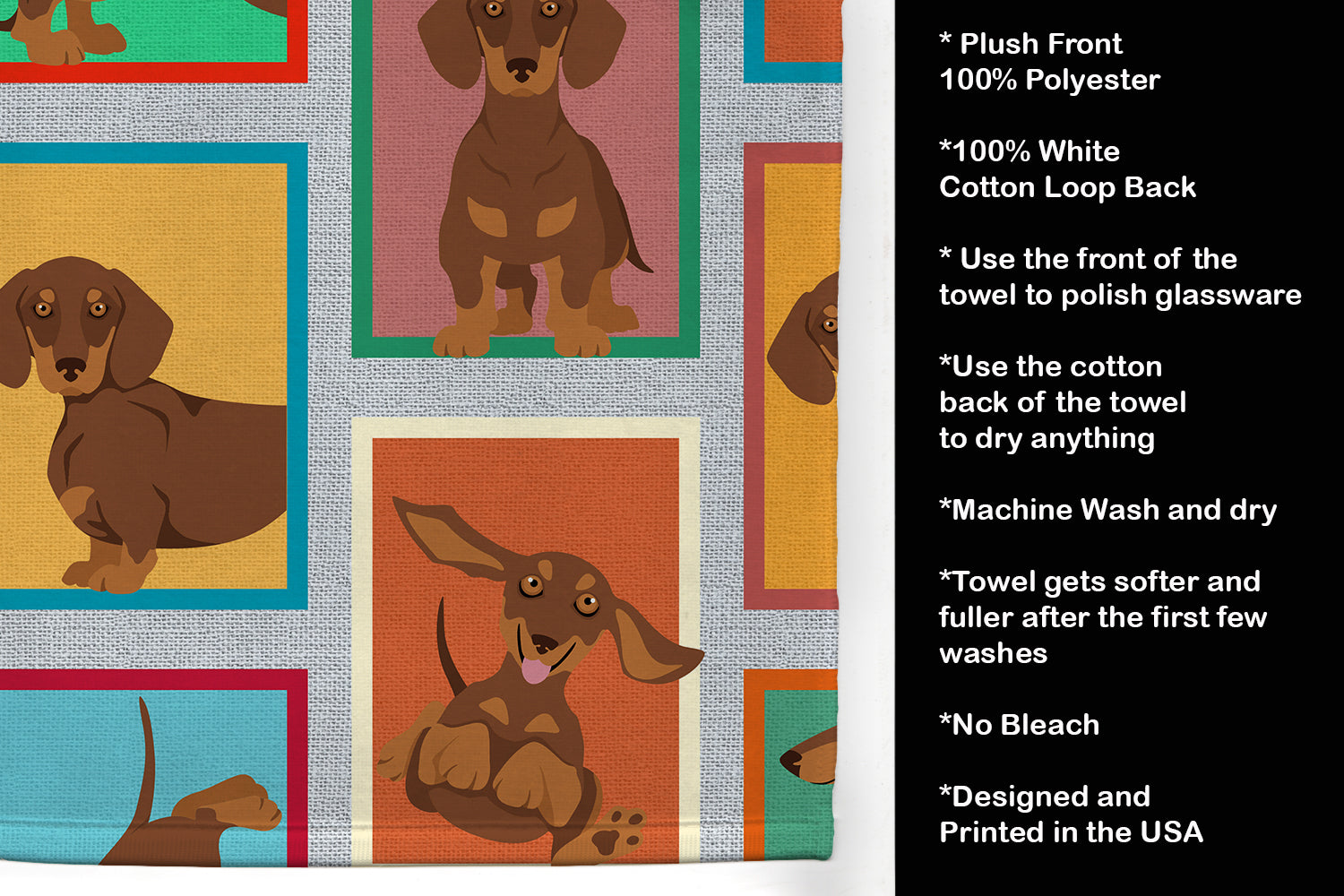 Lots of Chocolate and Tan Dachshund Kitchen Towel Velour Plush Front and Cotton Loop Back Machine Washable