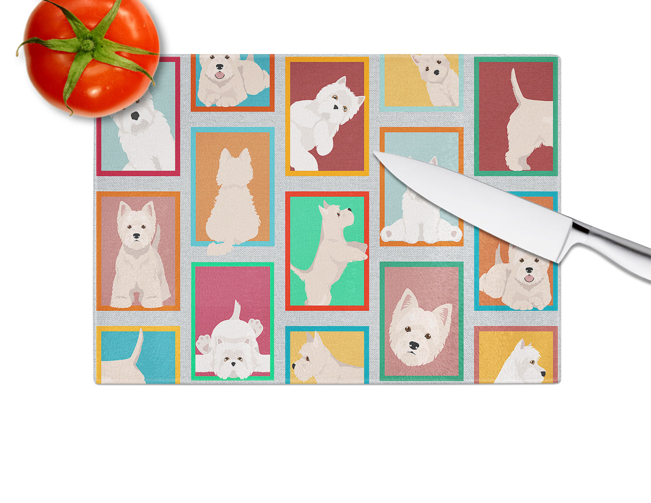 Lots of Westie Cutting Board Tempered Glass Kitchen Cutting Surface, Heat Resistant Chopping, Non-Slip Feet, Food Prep & Serving