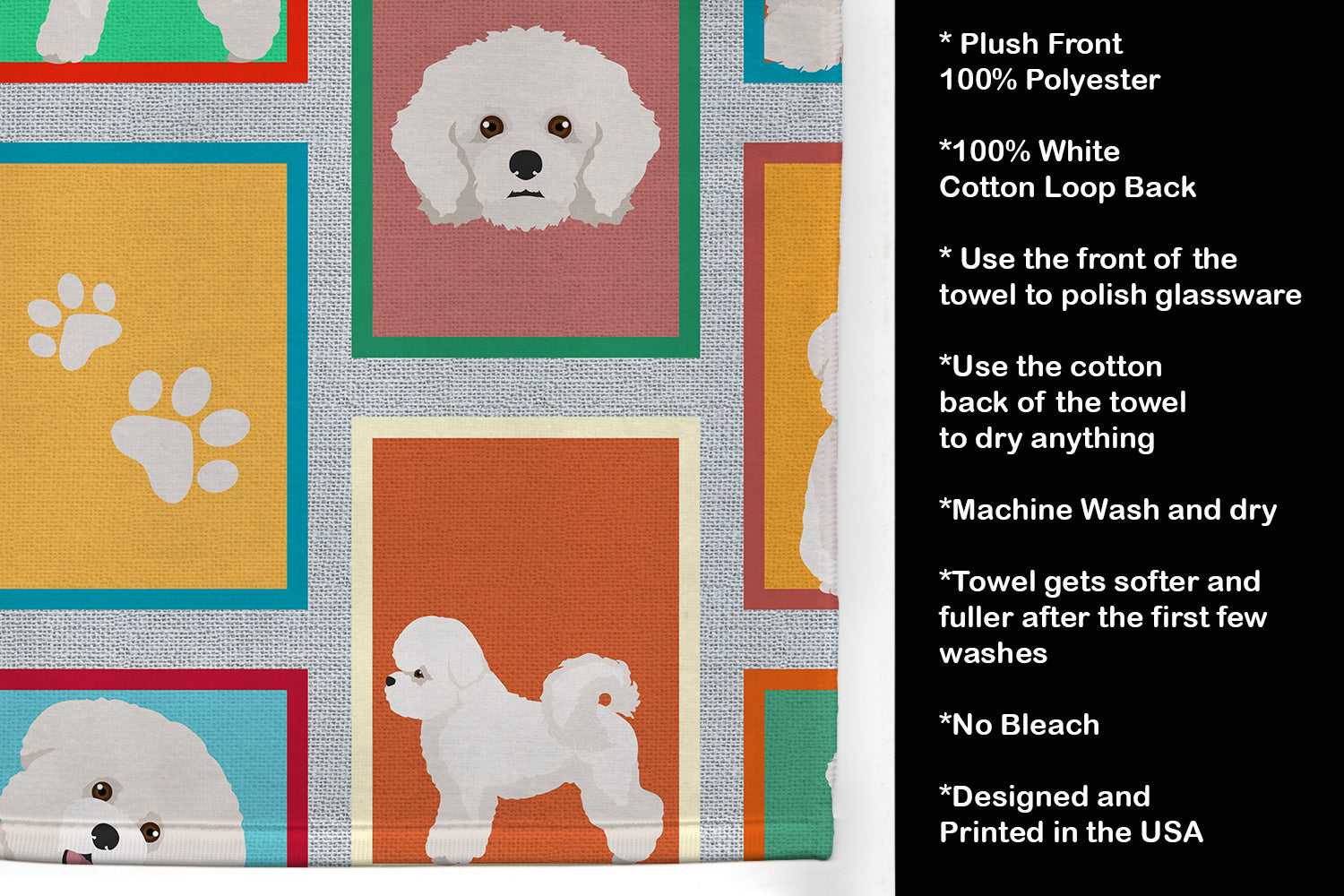 Lots of Bichon Frise Kitchen Towel Velour Plush Front and Cotton Loop Back Machine Washable