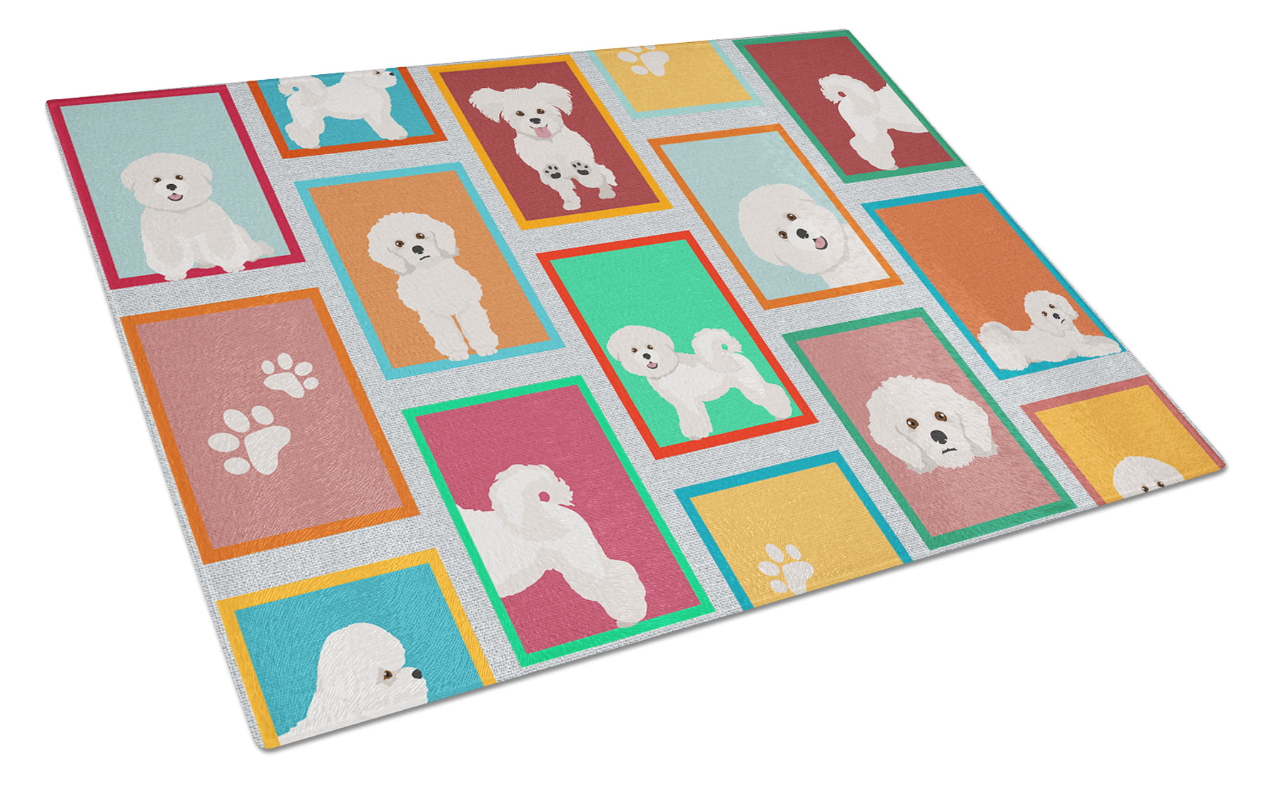 Lots of Bichon Frise Cutting Board Tempered Glass Kitchen Cutting Surface, Heat Resistant Chopping, Non-Slip Feet, Food Prep & Serving