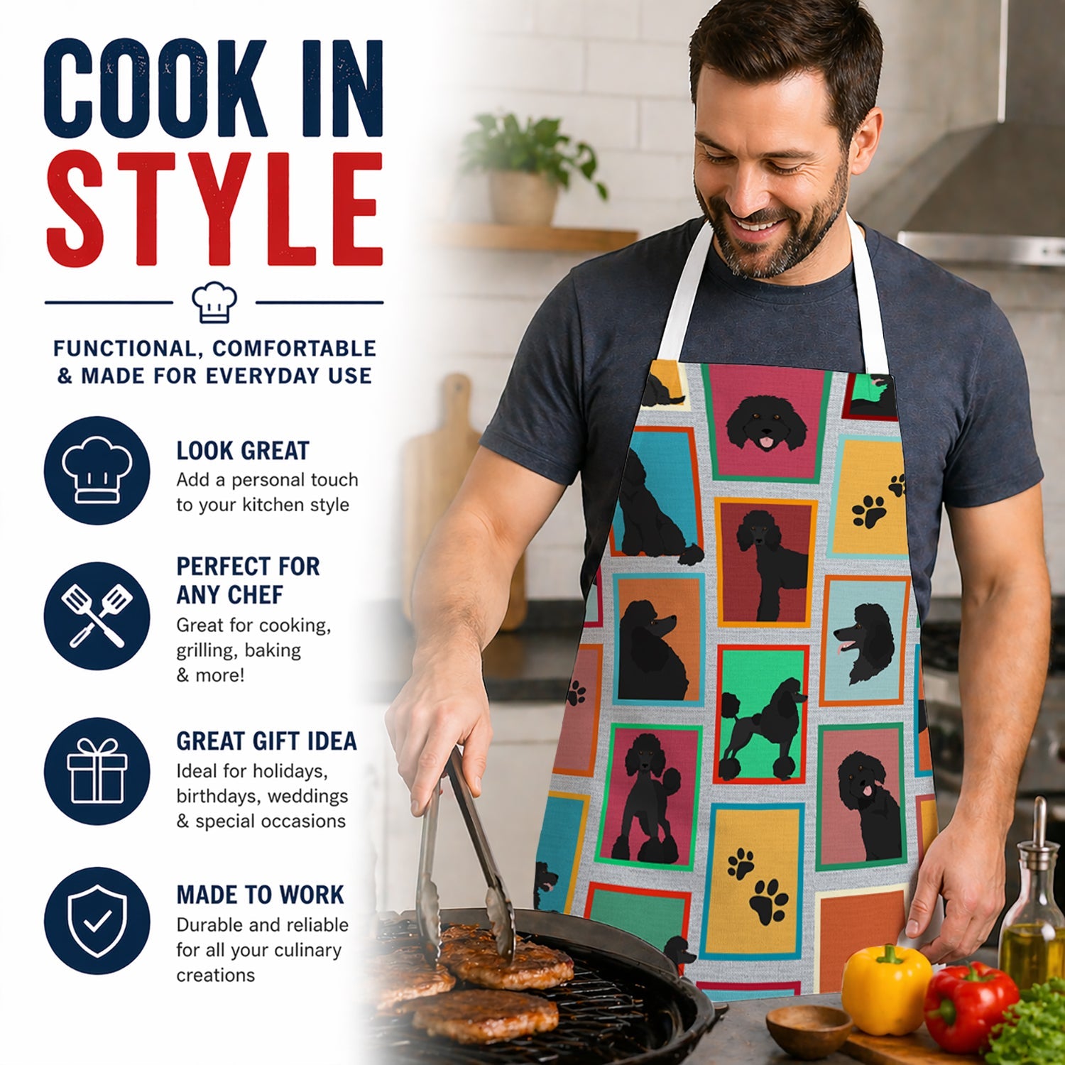 Lots of Black Standard Poodle Apron Cooking Kitchen Server Baking Crafts Gardening for Adult Women Men, Unisex, Large, Multicolor