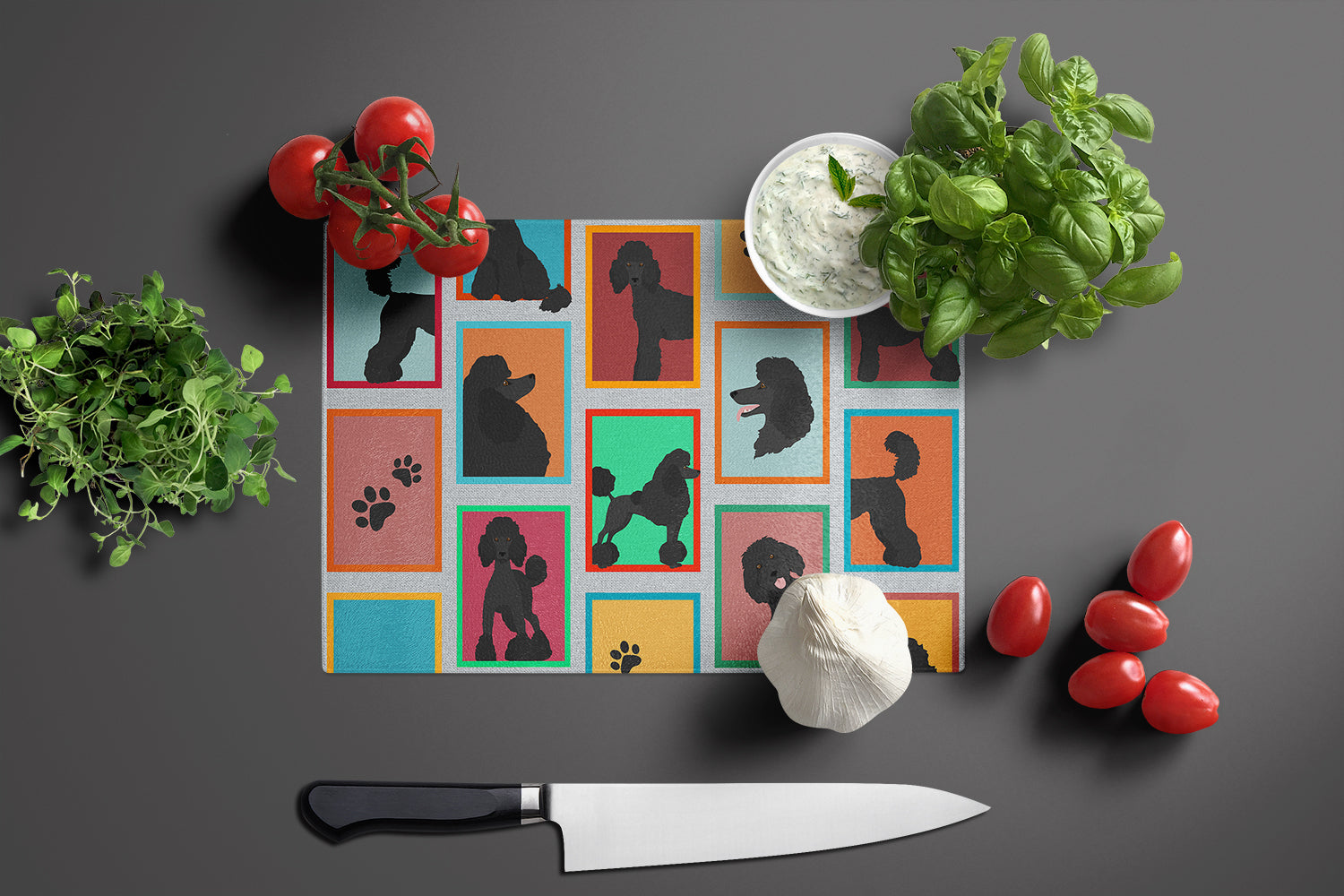 Lots of Black Standard Poodle Cutting Board Tempered Glass Kitchen Cutting Surface, Heat Resistant Chopping, Non-Slip Feet, Food Prep & Serving