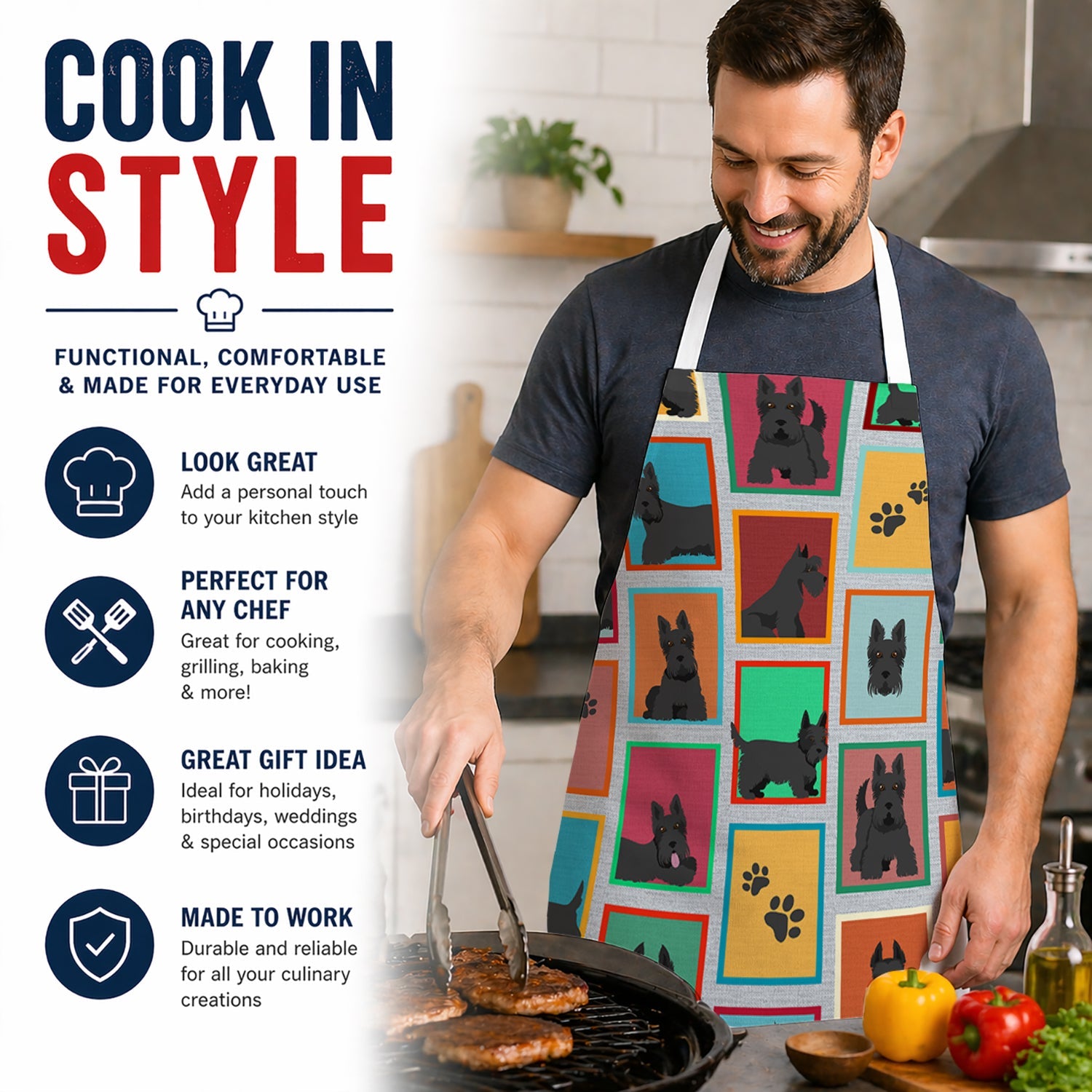 Lots of Scottish Terrier Apron Cooking Kitchen Server Baking Crafts Gardening for Adult Women Men, Unisex, Large, Multicolor