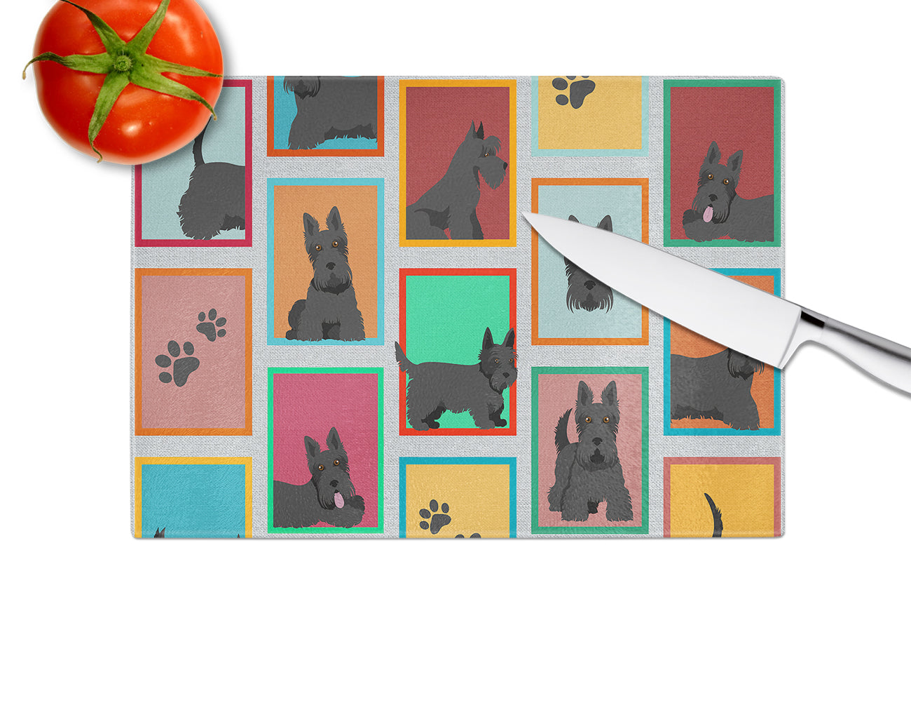 Lots of Scottish Terrier Cutting Board Tempered Glass Kitchen Cutting Surface, Heat Resistant Chopping, Non-Slip Feet, Food Prep & Serving