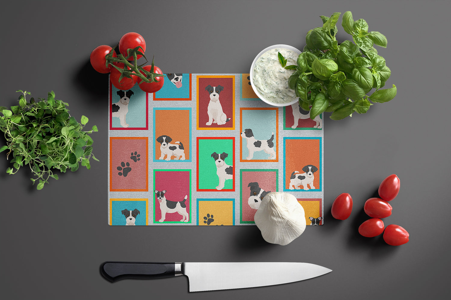 Lots of Jack Russell Terrier Cutting Board Tempered Glass Kitchen Cutting Surface, Heat Resistant Chopping, Non-Slip Feet, Food Prep & Serving
