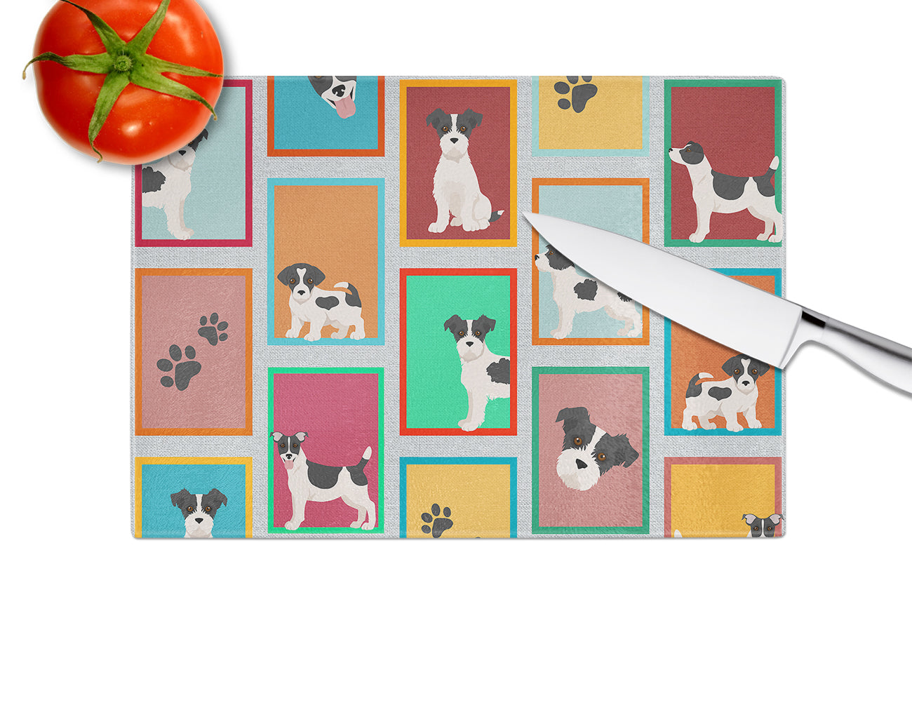 Lots of Jack Russell Terrier Cutting Board Tempered Glass Kitchen Cutting Surface, Heat Resistant Chopping, Non-Slip Feet, Food Prep & Serving