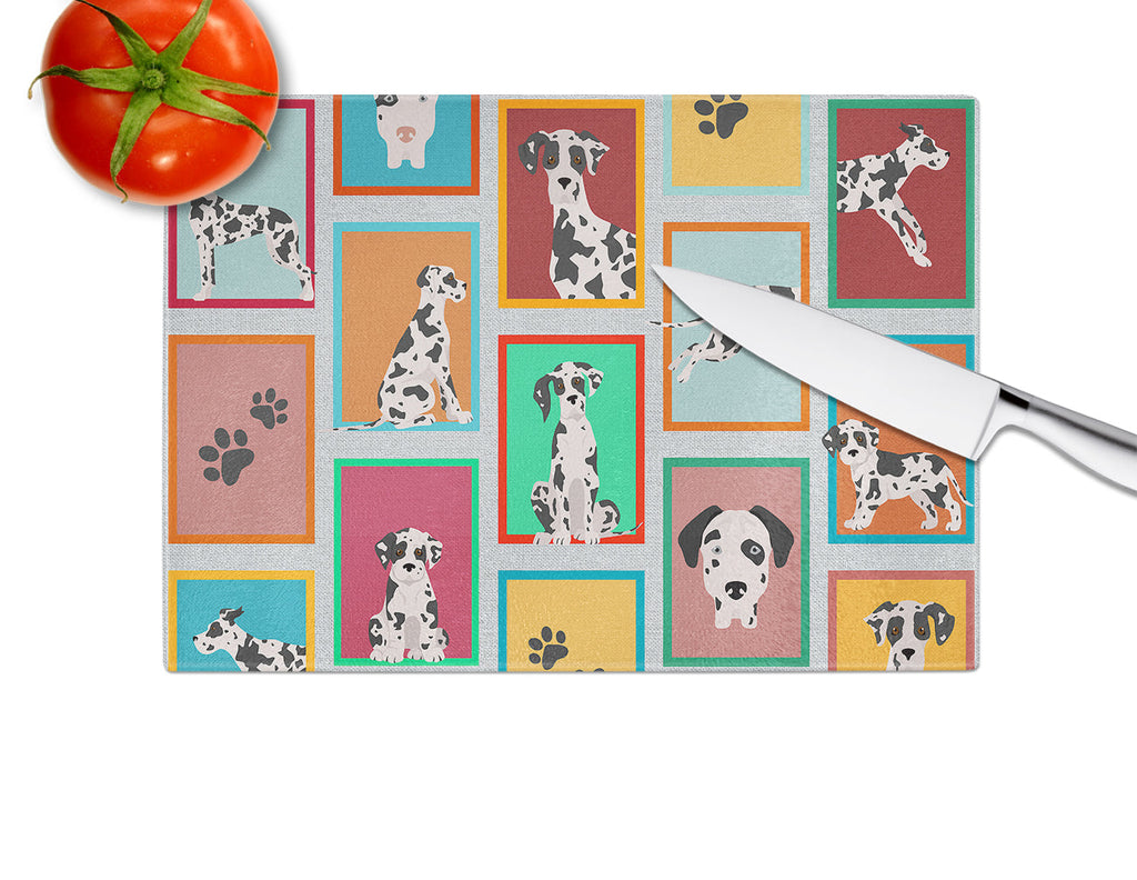 Lots of Harlequin Natural Ears Great Dane Cutting Board Tempered Glass Kitchen Cutting Surface, Heat Resistant Chopping, Non-Slip Feet, Food Prep & Serving