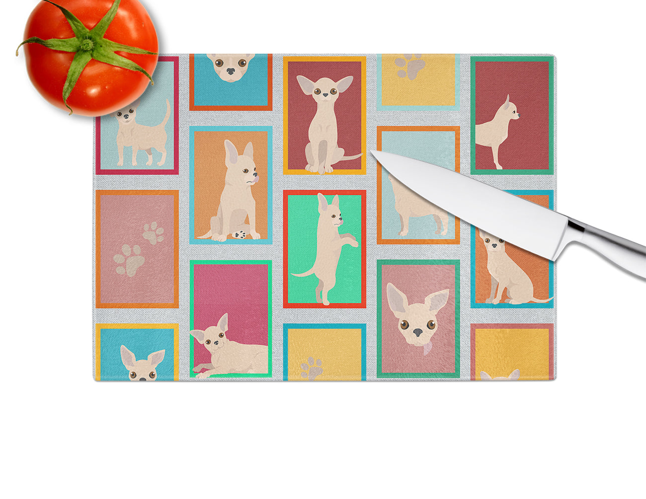 Lots of Chihuahua Cutting Board Tempered Glass Kitchen Cutting Surface, Heat Resistant Chopping, Non-Slip Feet, Food Prep & Serving