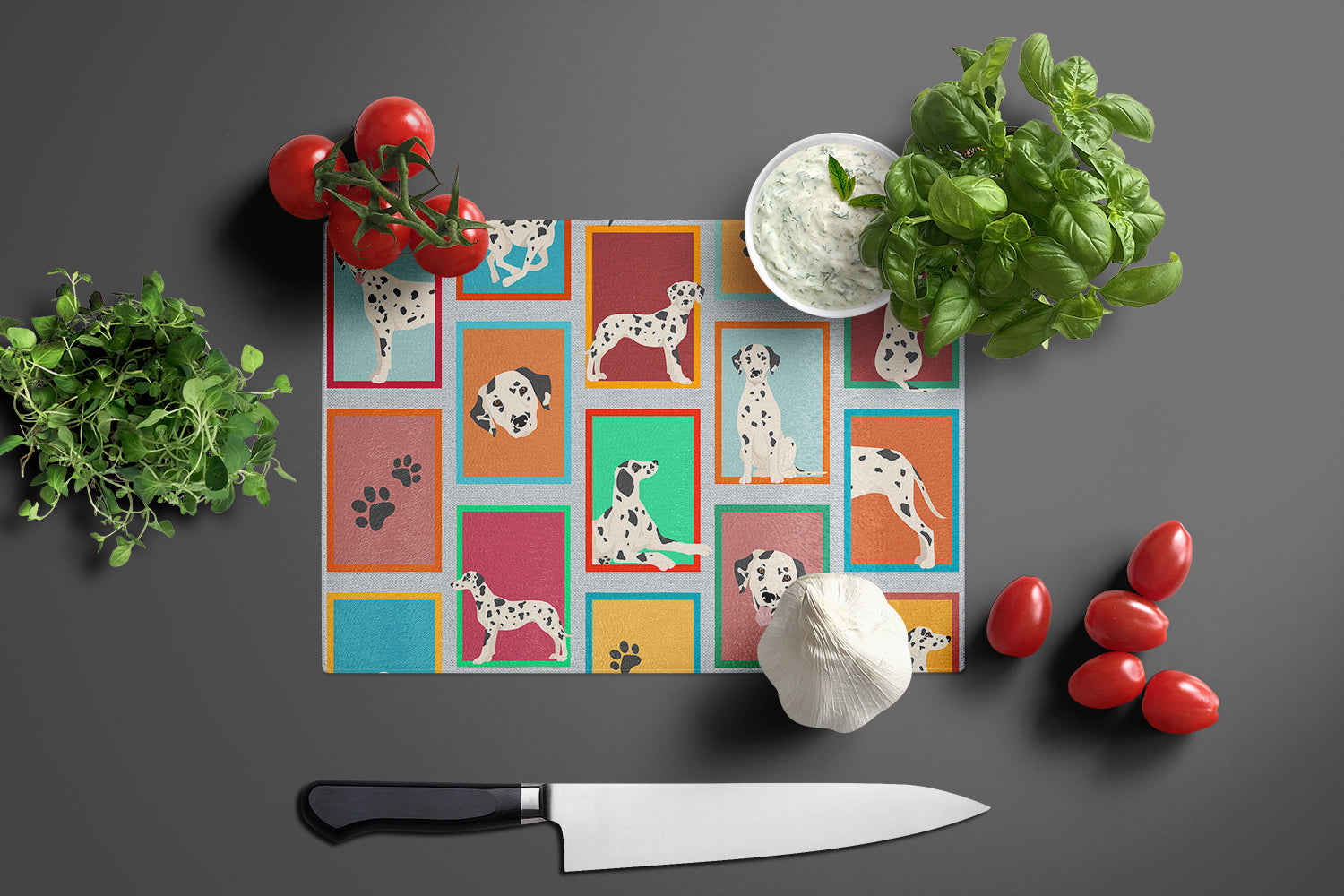 Lots of Dalmatian Cutting Board Tempered Glass Kitchen Cutting Surface, Heat Resistant Chopping, Non-Slip Feet, Food Prep & Serving