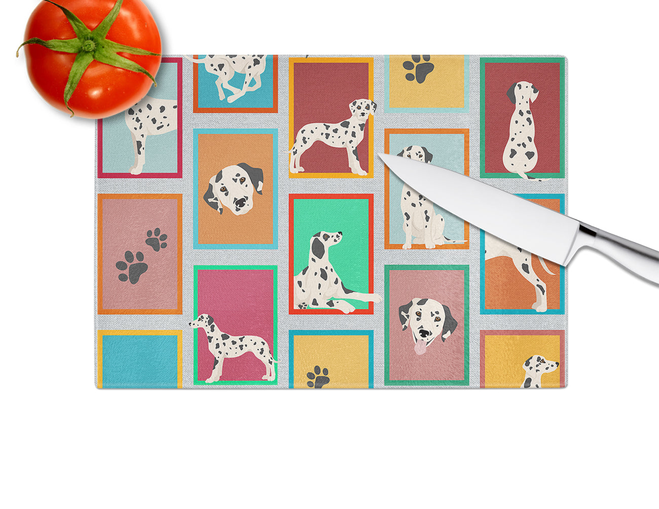 Lots of Dalmatian Cutting Board Tempered Glass Kitchen Cutting Surface, Heat Resistant Chopping, Non-Slip Feet, Food Prep & Serving