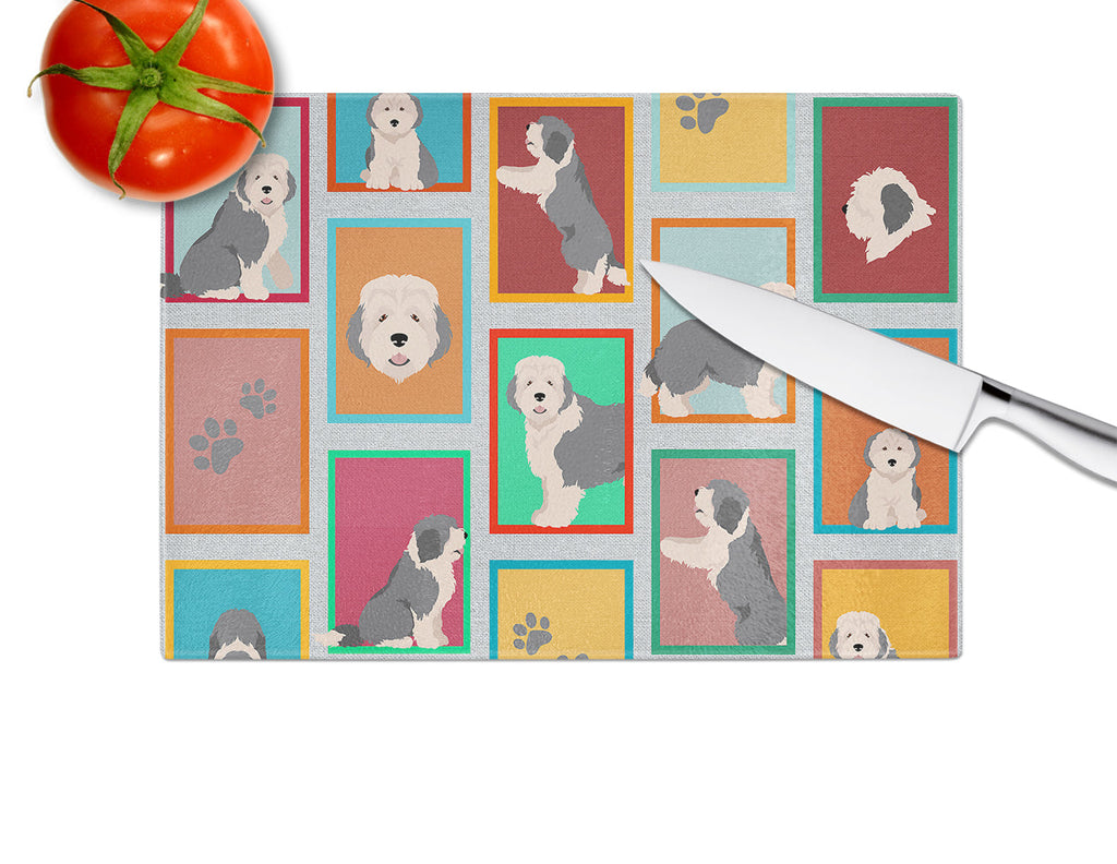 Lots of Old English Sheepdog Cutting Board Tempered Glass Kitchen Cutting Surface, Heat Resistant Chopping, Non-Slip Feet, Food Prep & Serving