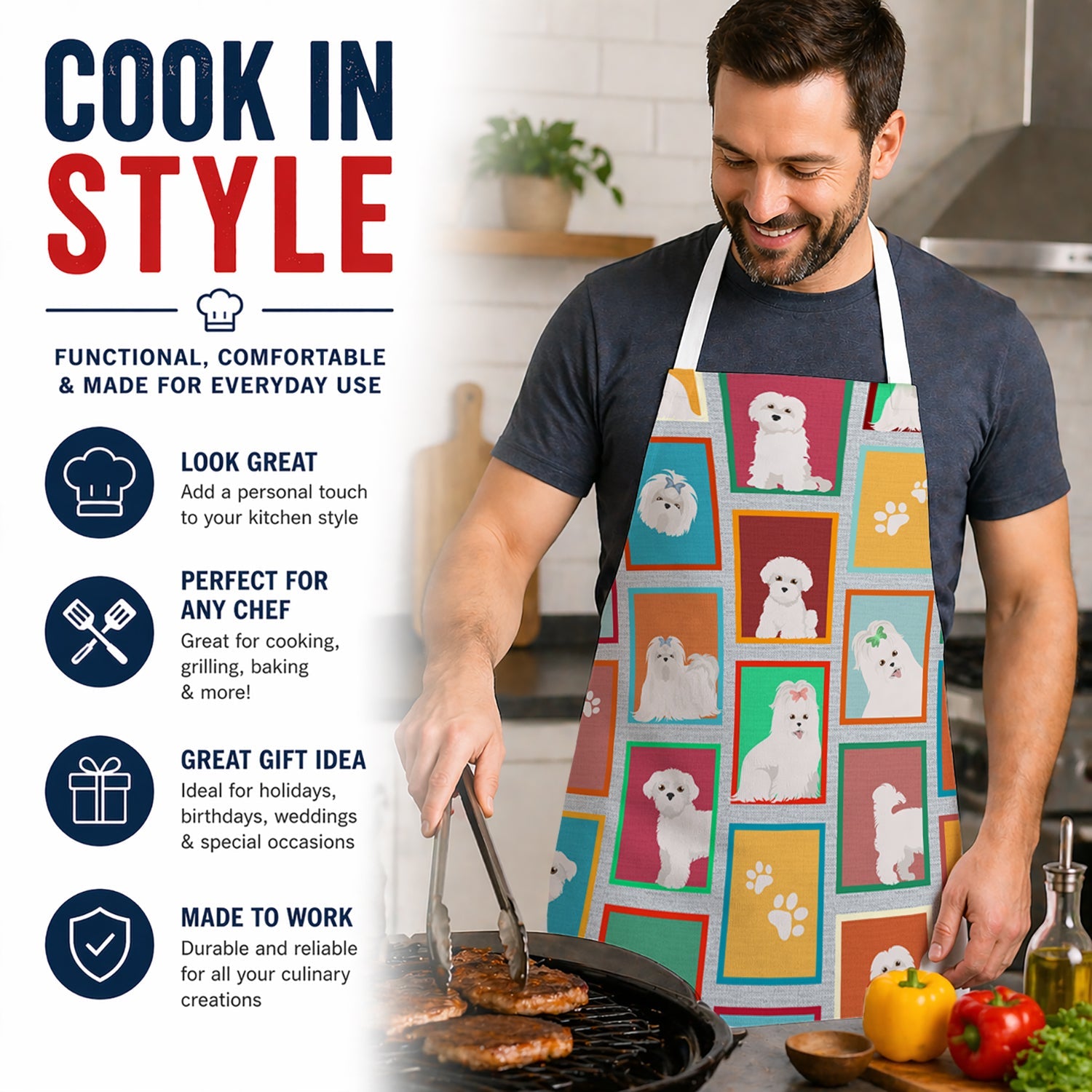 Lots of Maltese Apron Cooking Kitchen Server Baking Crafts Gardening for Adult Women Men, Unisex, Large, Multicolor