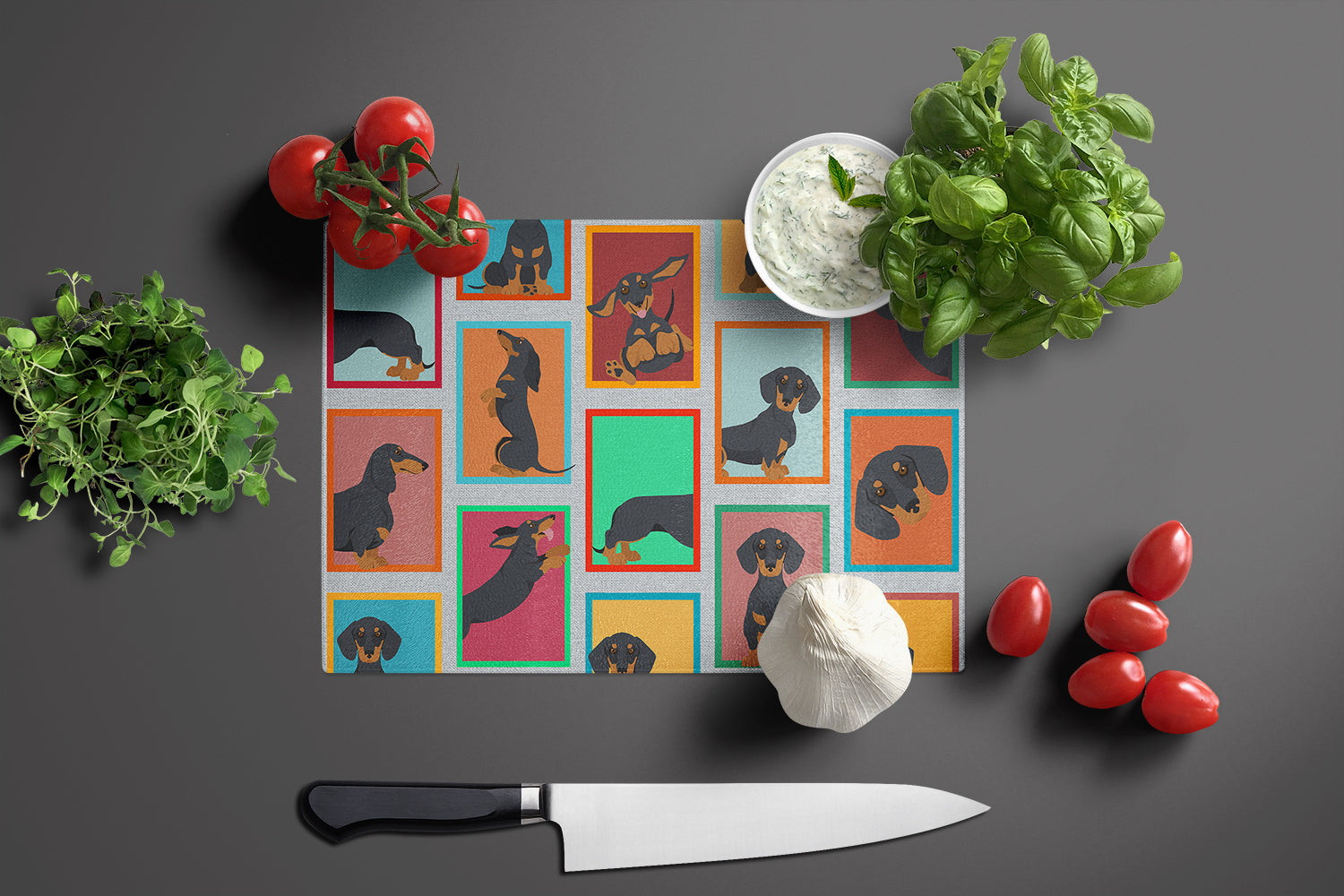 Lots of Black and Tan Dachshund Cutting Board Tempered Glass Kitchen Cutting Surface, Heat Resistant Chopping, Non-Slip Feet, Food Prep & Serving
