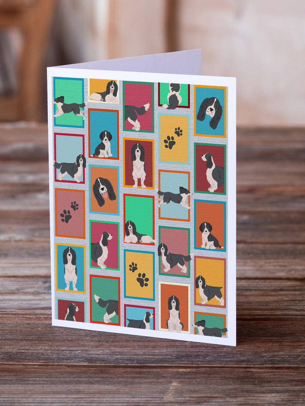 Lots of Black and White English Springer Spaniel Greeting Cards Pack of 8 Blank Cards with Envelopes Whimsical A7 Size 5x7