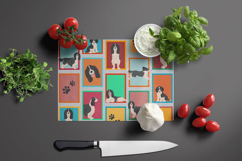 Lots of Black and White English Springer Spaniel Cutting Board Tempered Glass Kitchen Cutting Surface, Heat Resistant Chopping, Non-Slip Feet, Food Prep & Serving