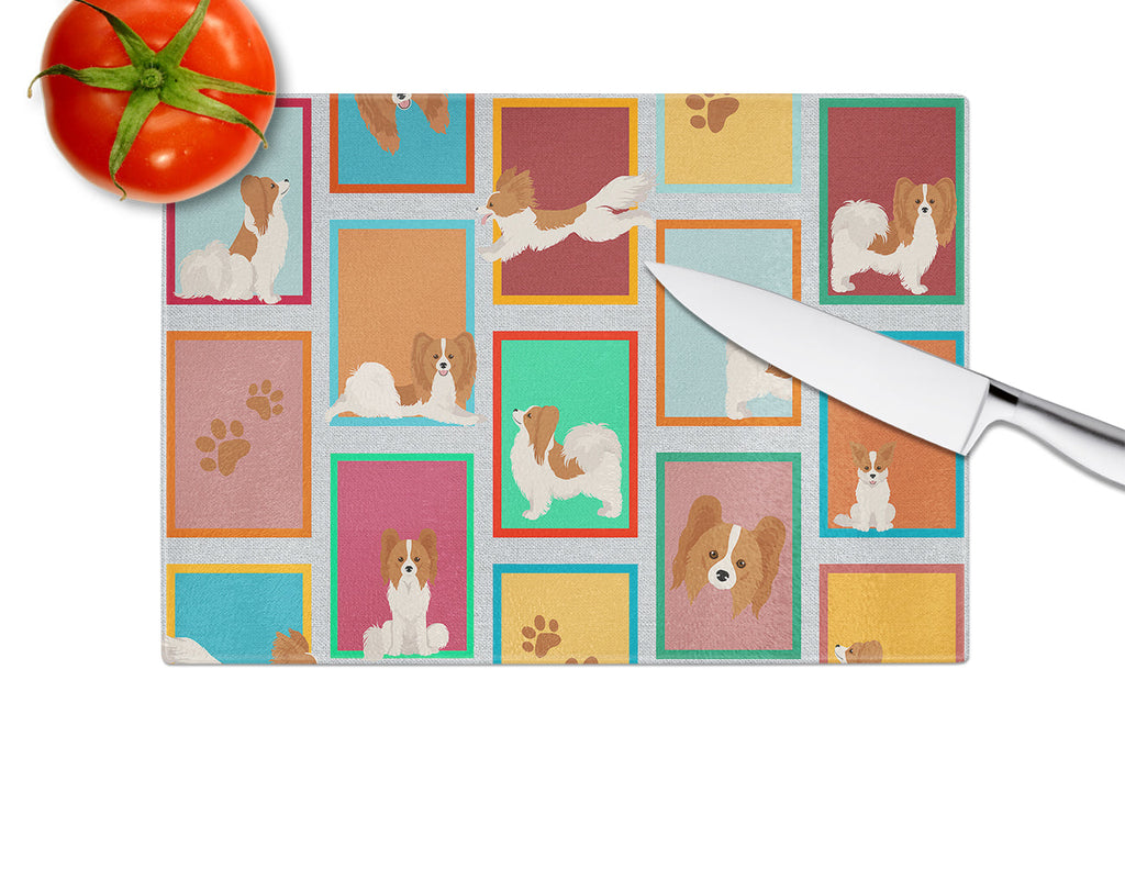 Lots of Red and White Papillon Cutting Board Tempered Glass Kitchen Cutting Surface, Heat Resistant Chopping, Non-Slip Feet, Food Prep & Serving