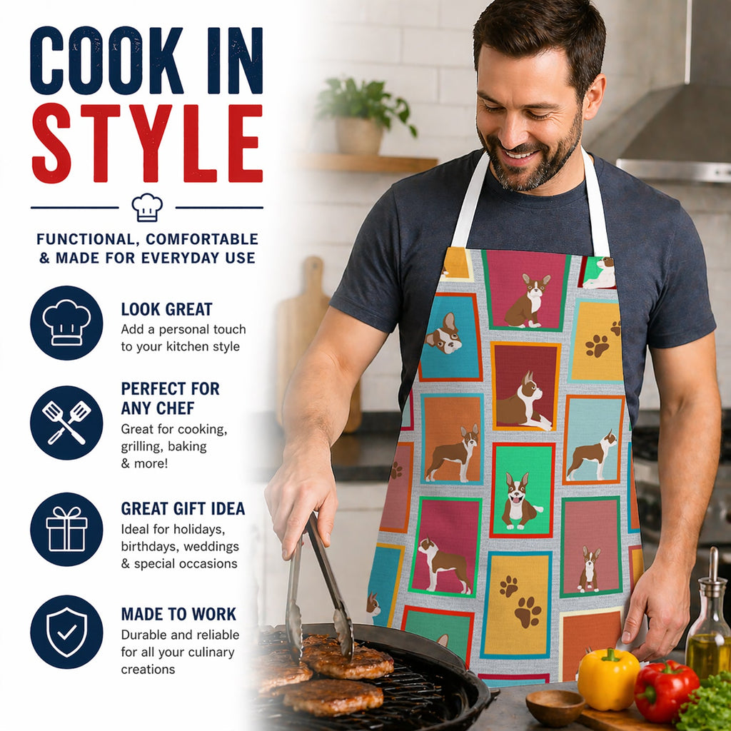 Lots of Red Boston Terrier Apron Cooking Kitchen Server Baking Crafts Gardening for Adult Women Men, Unisex, Large, Multicolor