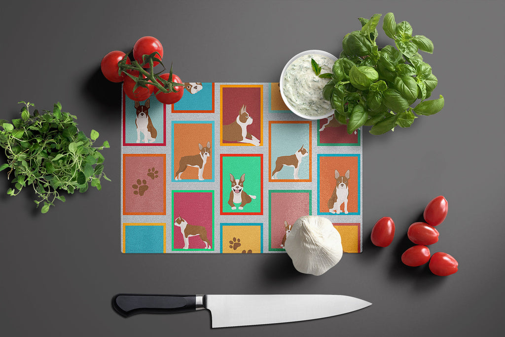 Lots of Red Boston Terrier Cutting Board Tempered Glass Kitchen Cutting Surface, Heat Resistant Chopping, Non-Slip Feet, Food Prep & Serving