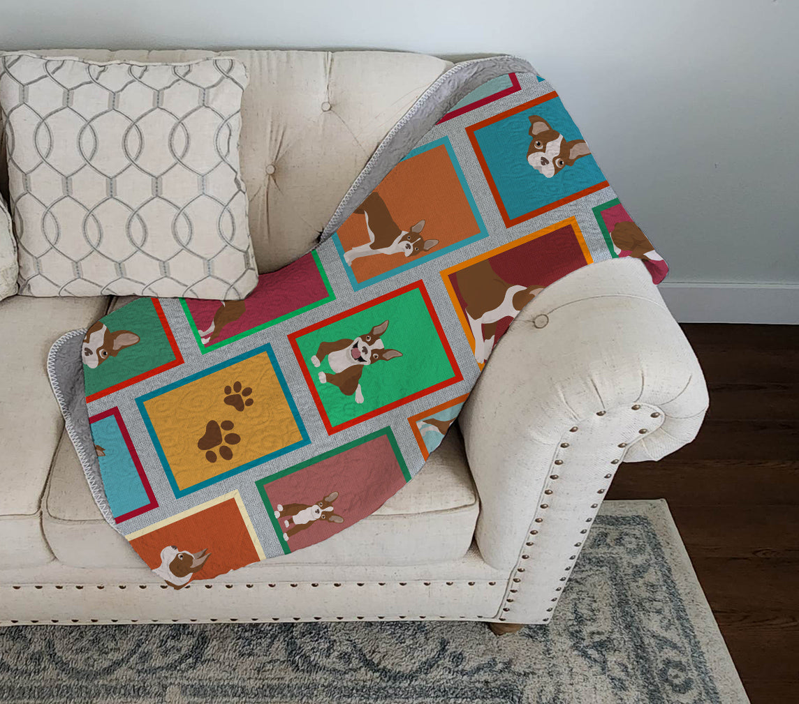 Lots of Red Boston Terrier Quilted Blanket 50x60 Artwork Pattern Quilted Throw Blanket for Bed, Couch, Sofa, Soft and Lightweight