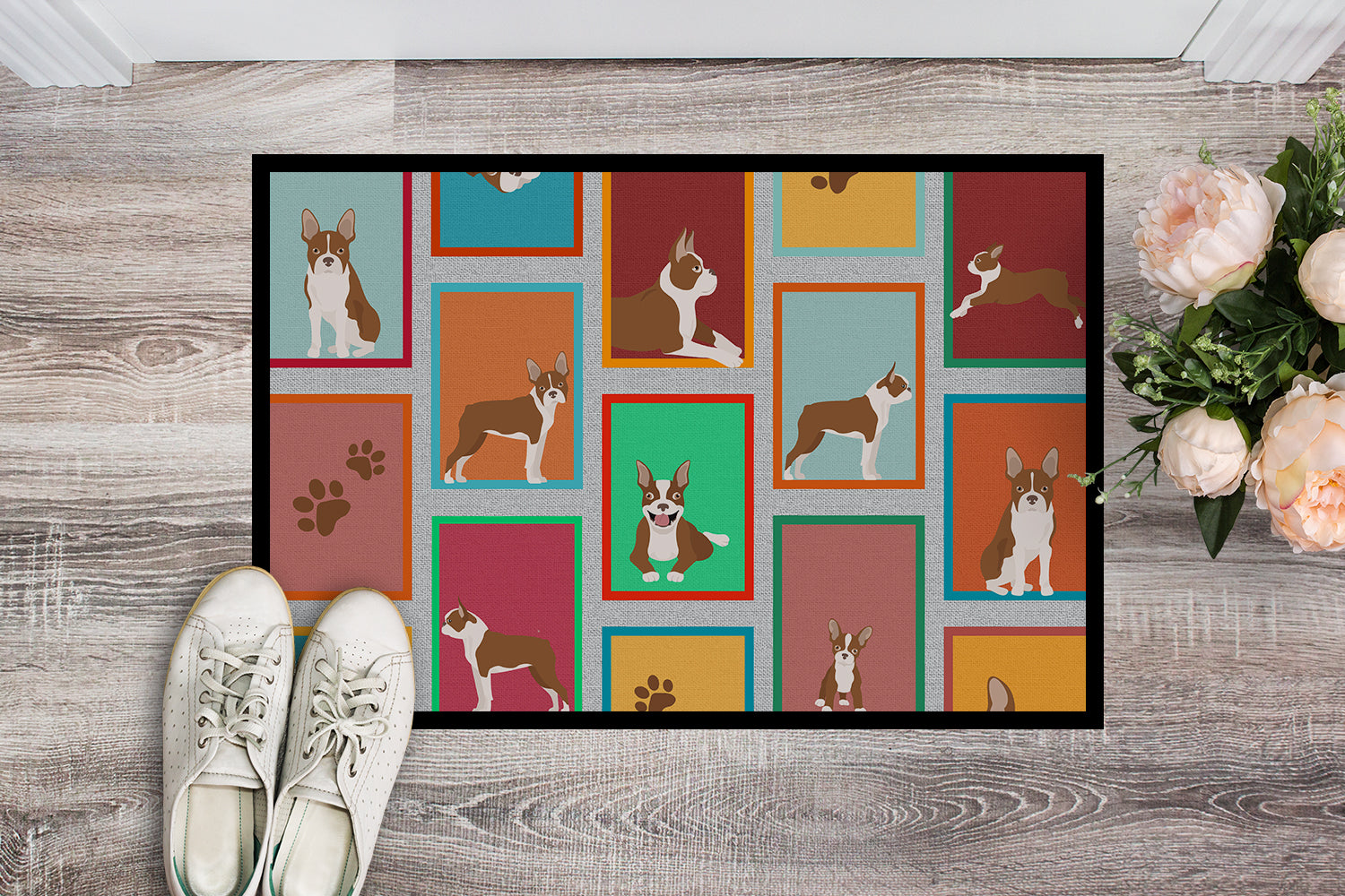 Lots of Red Boston Terrier Doormat Indoor Outdoor 18H X 27W Front Door Mat Rugs for Entryway, Non Slip Washable