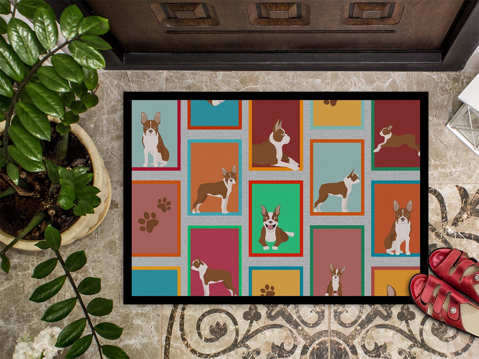 Lots of Red Boston Terrier Doormat Indoor Outdoor 18H X 27W Front Door Mat Rugs for Entryway, Non Slip Washable