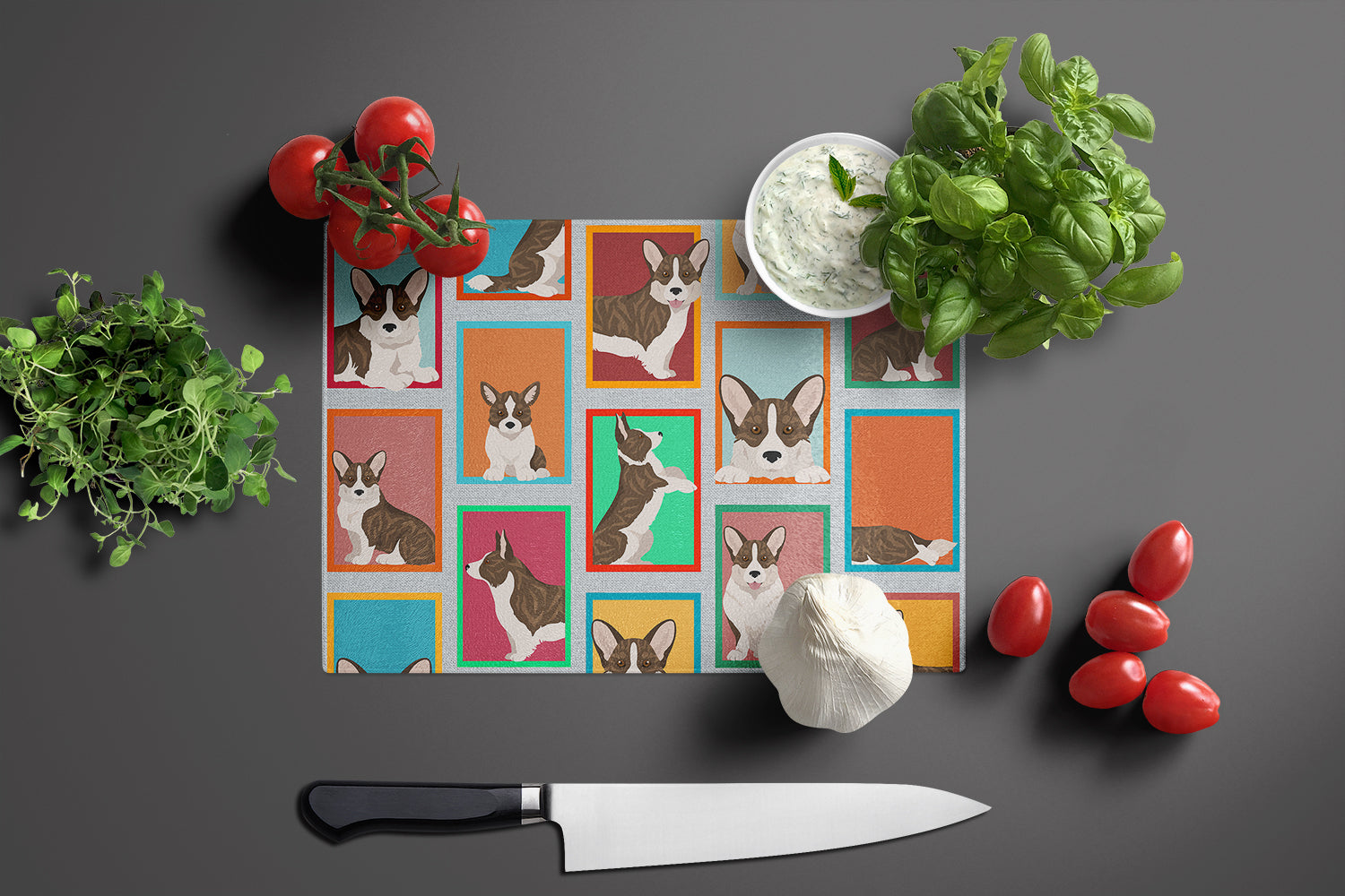 Lots of Brindle Cardigan Corgi Cutting Board Tempered Glass Kitchen Cutting Surface, Heat Resistant Chopping, Non-Slip Feet, Food Prep & Serving