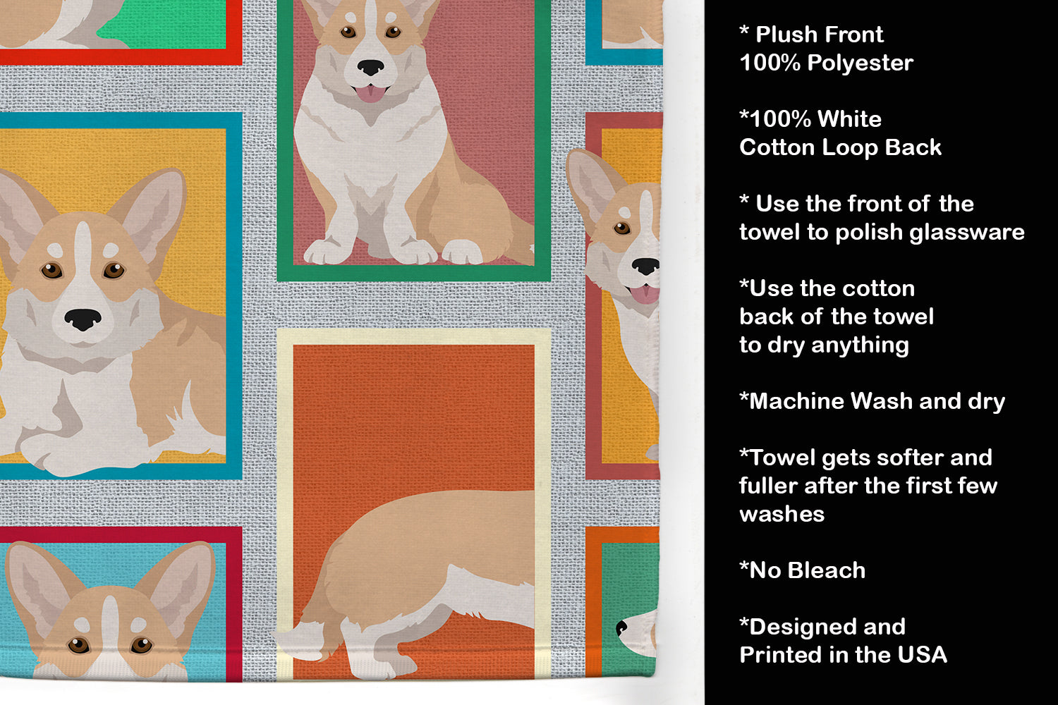 Lots of Fawn Cardigan Corgi Kitchen Towel Velour Plush Front and Cotton Loop Back Machine Washable