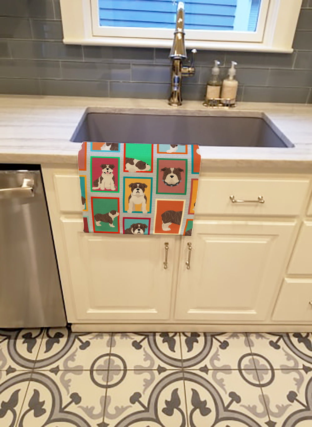 Lots of Brindle English Bulldog Kitchen Towel Velour Plush Front and Cotton Loop Back Machine Washable