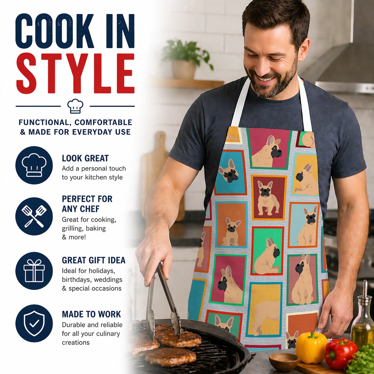 Lots of Fawn French Bulldog Apron Cooking Kitchen Server Baking Crafts Gardening for Adult Women Men, Unisex, Large, Multicolor