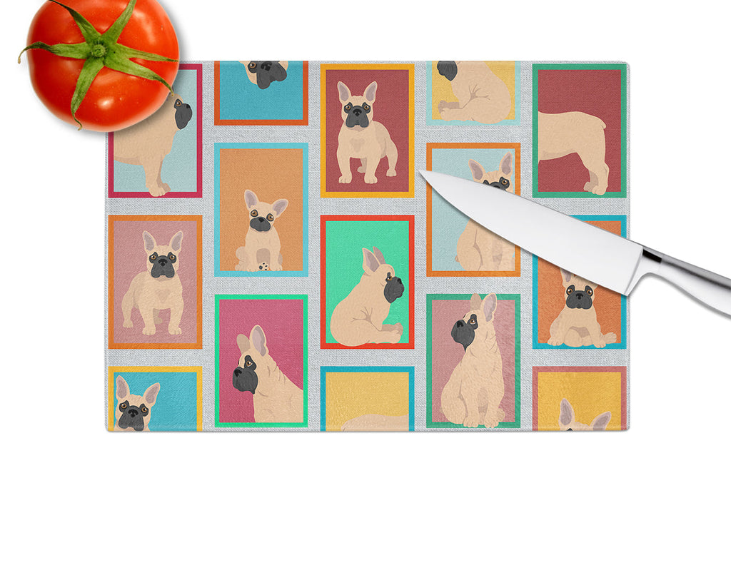 Lots of Fawn French Bulldog Cutting Board Tempered Glass Kitchen Cutting Surface, Heat Resistant Chopping, Non-Slip Feet, Food Prep & Serving