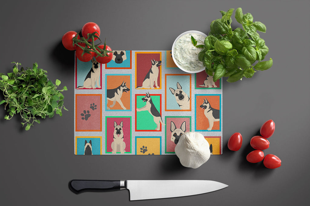 Lots of Black and Silver German Shepherd Cutting Board Tempered Glass Kitchen Cutting Surface, Heat Resistant Chopping, Non-Slip Feet, Food Prep & Serving